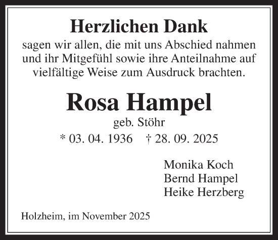 Traueranzeige von Rosa Hampel von Pohlheimer Nachrichten