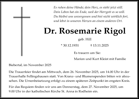 Traueranzeige von Rosemarie Rigol von Giessener Anzeiger, Giessener Allgemeine, Alsfelder Allgemeine