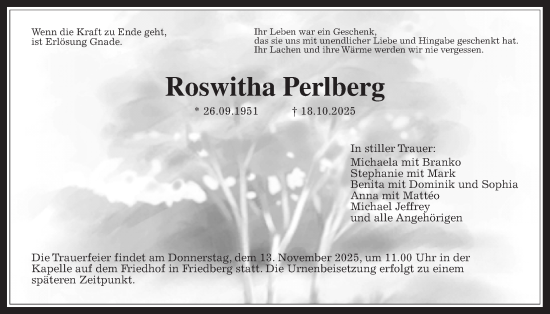 Traueranzeige von Roswitha Perlberg von Wetterauer Zeitung