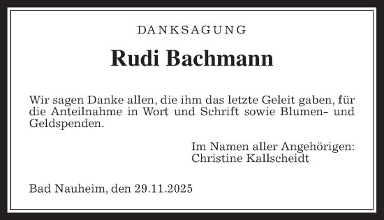Traueranzeige von Rudi Bachmann von Wetterauer Zeitung