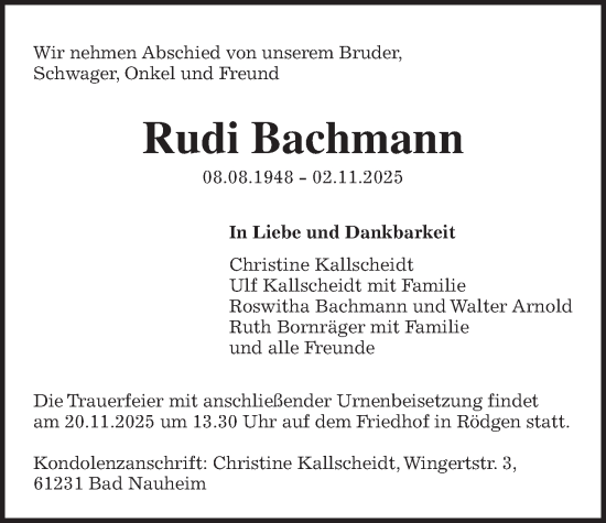 Traueranzeige von Rudi Bachmann von Wetterauer Zeitung