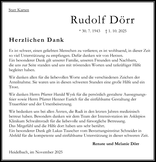 Traueranzeige von Rudolf Dörr von Oberhessische Zeitung