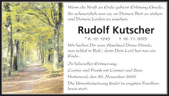 Traueranzeige von Rudolf Kutscher von Giessener Anzeiger