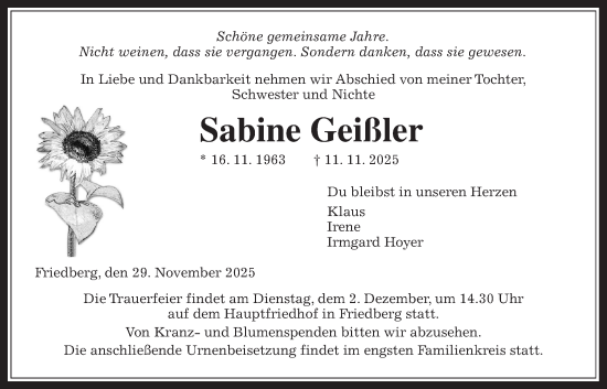 Traueranzeige von Sabine Geißler von Wetterauer Zeitung
