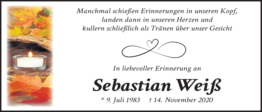  Traueranzeige für Sebastian Weiß vom 14.11.2025 aus Giessener Anzeiger, Giessener Allgemeine, Alsfelder Allgemeine