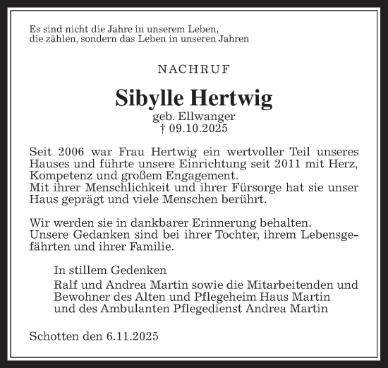 Traueranzeige von Sibylle Hertwig von Kreis-Anzeiger