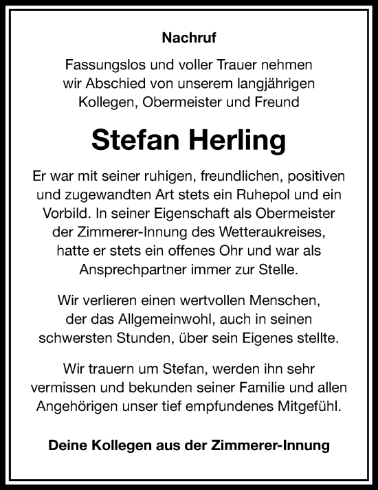 Traueranzeige von Stefan Herling von Wetterauer Zeitung, Kreis-Anzeiger