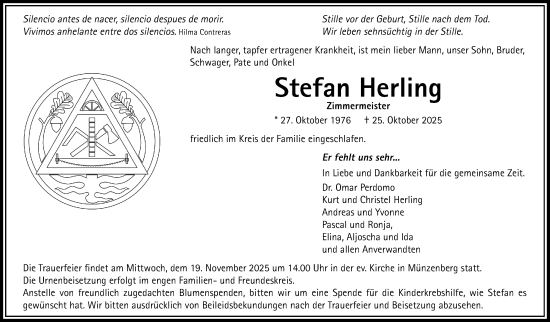 Traueranzeige von Stefan Herling von Butzbacher Zeitung, Wetterauer Zeitung, Giessener Allgemeine, Alsfelder Allgemeine