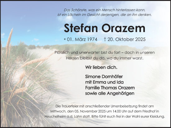 Traueranzeige von Stefan Orazem von Giessener Allgemeine, Alsfelder Allgemeine