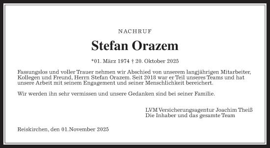 Traueranzeige von Stefan Orazem von Giessener Anzeiger, Giessener Allgemeine, Alsfelder Allgemeine