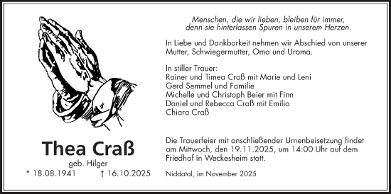 Traueranzeige von Thea Craß von Wetterauer Zeitung