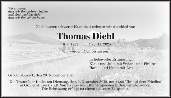 Traueranzeige von Thomas Diehl von Giessener Allgemeine, Alsfelder Allgemeine