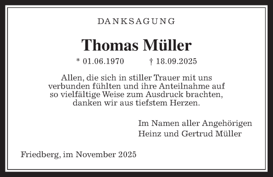 Traueranzeige von Thomas Müller von Wetterauer Zeitung