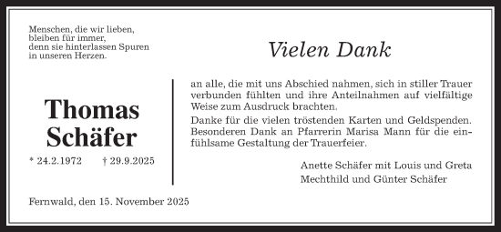 Traueranzeige von Thomas Schäfer von Giessener Allgemeine, Alsfelder Allgemeine