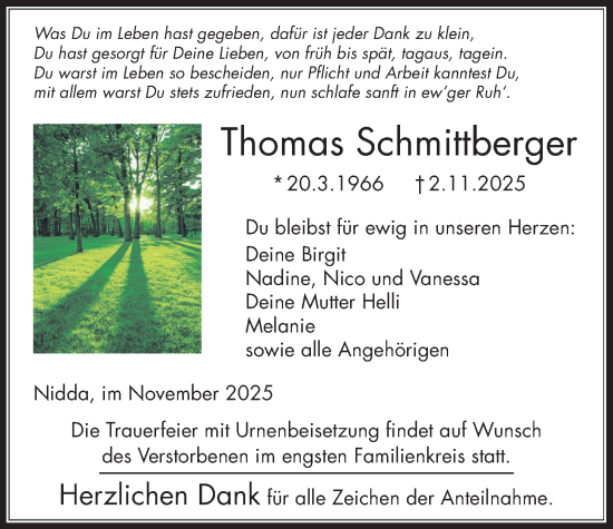 Traueranzeige von Thomas Schmittberger von Kreis-Anzeiger