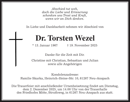 Traueranzeige von Torsten Wezel von Usinger Anzeiger