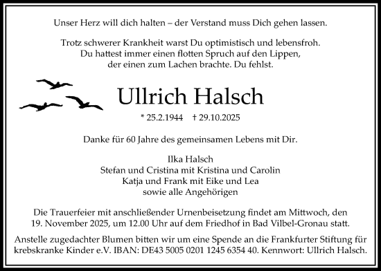 Traueranzeige von Ullrich Halsch von Bad Vilbel/Karben