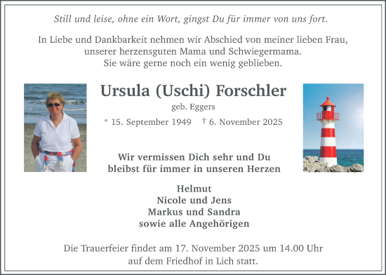 Traueranzeige von Ursula Forschler von Licher Wochenblatt