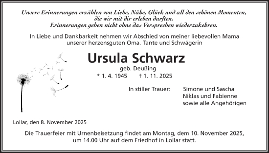 Traueranzeige von Ursula Schwarz von Giessener Allgemeine, Alsfelder Allgemeine