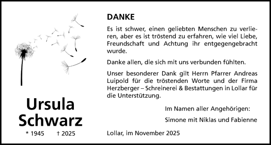 Traueranzeige von Ursula Schwarz von Giessener Allgemeine, Alsfelder Allgemeine