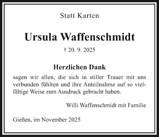 Traueranzeige von Ursula Waffenschmidt von Giessener Allgemeine, Alsfelder Allgemeine