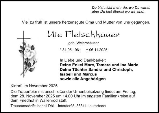 Traueranzeige von Ute Fleischhauer von Oberhessische Zeitung