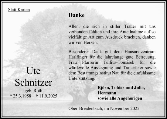 Traueranzeige von Ute Schnitzer von Oberhessische Zeitung