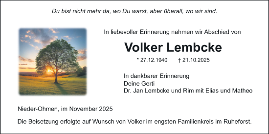 Traueranzeige von Volker Lembcke von Mücker Stimme