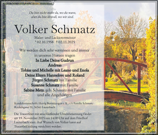 Traueranzeige von Volker Schmatz von Lauterbacher Anzeiger