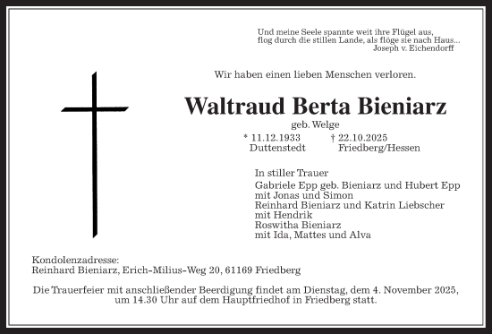 Traueranzeige von Waltraud Berta Bieniarz von Wetterauer Zeitung