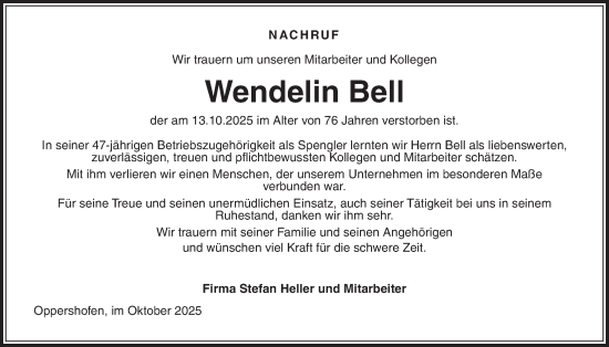 Traueranzeige von Wendelin Bell von Butzbacher Zeitung