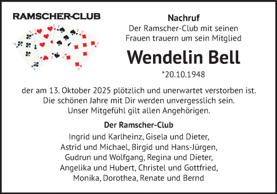 Traueranzeige von Wendelin Bell von Butzbacher Zeitung, Wetterauer Zeitung