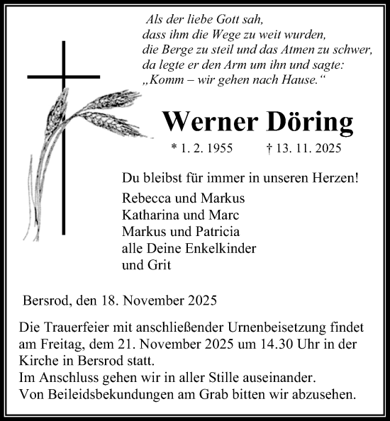 Traueranzeige von Werner Döring von Giessener Anzeiger, Giessener Allgemeine, Alsfelder Allgemeine