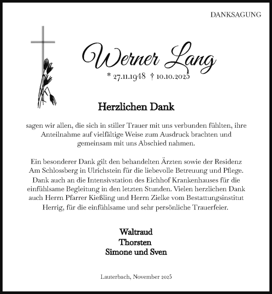 Traueranzeige von Werner Lang von Lauterbacher Anzeiger