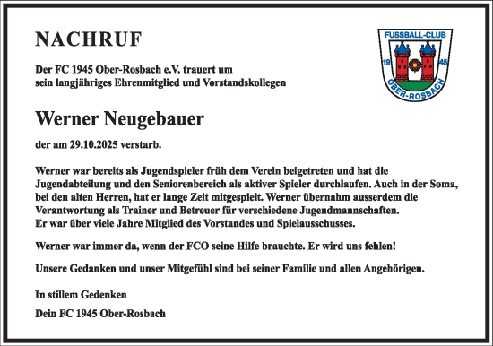 Traueranzeige von Werner Neugebauer von Wetterauer Zeitung