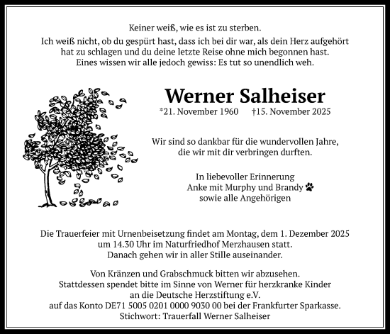 Traueranzeige von Werner Salheiser von Usinger Anzeiger, Usinger Anzeigenblatt