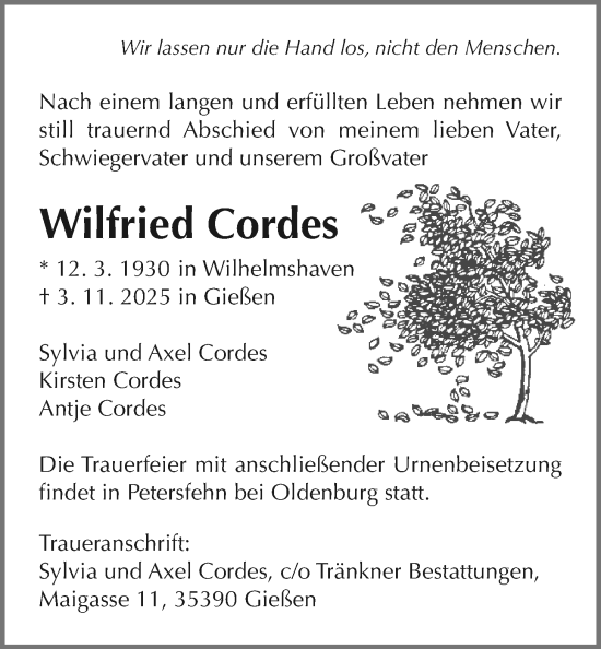 Traueranzeige von Wilfried Cordes von Giessener Anzeiger, Giessener Allgemeine, Alsfelder Allgemeine