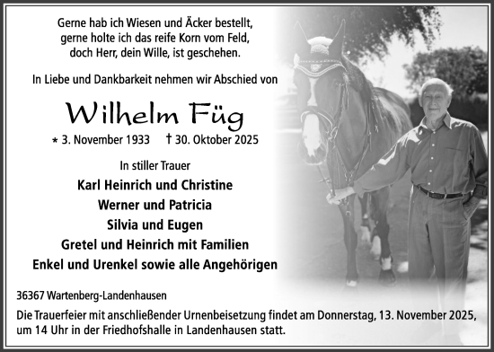 Traueranzeige von Wilhelm Füg von Lauterbacher Anzeiger