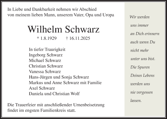 Traueranzeige von Wilhelm Schwarz von Bad Vilbel/Karben