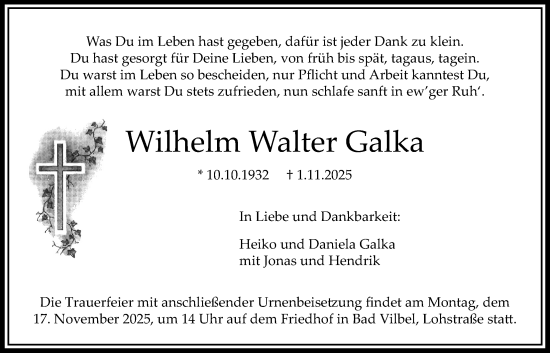 Traueranzeige von Wilhelm Walter Galka von Bad Vilbel/Karben