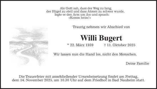 Traueranzeige von Willi Bugert von Wetterauer Zeitung