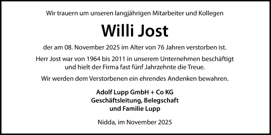 Traueranzeige von Willi Jost von Kreis-Anzeiger
