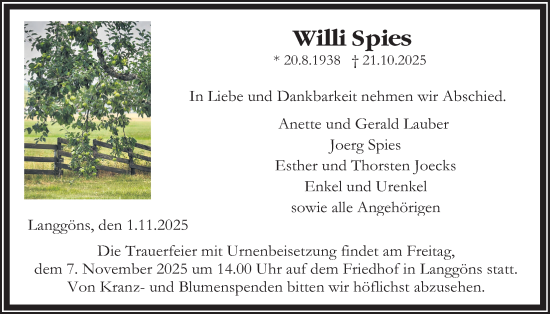 Traueranzeige von Willi Spies von Giessener Anzeiger, Giessener Allgemeine, Alsfelder Allgemeine