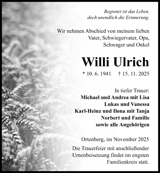 Traueranzeige von Willi Ulrich von Kreis-Anzeiger