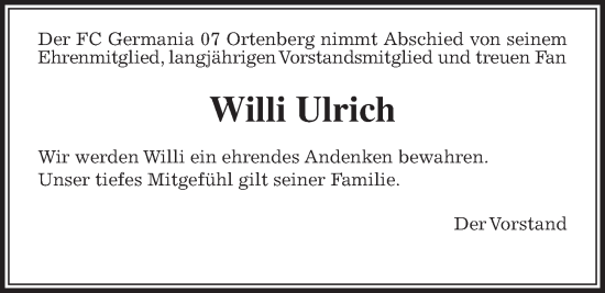 Traueranzeige von Willi Ulrich von Kreis-Anzeiger