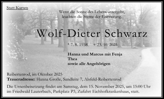 Traueranzeige von Wolf-Dieter Schwarz von Oberhessische Zeitung