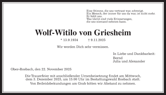 Traueranzeige von Wolf-Witilo von Griesheim von Wetterauer Zeitung