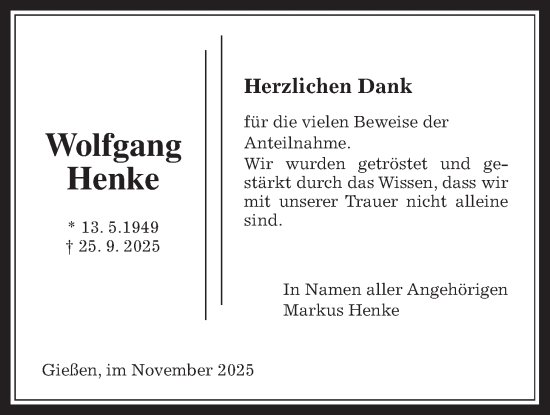 Traueranzeige von Wolfgang Henke von Giessener Anzeiger, Giessener Allgemeine, Alsfelder Allgemeine