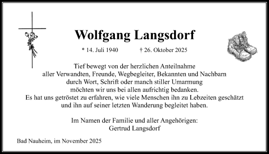Traueranzeige von Wolfgang Langsdorf von Wetterauer Zeitung