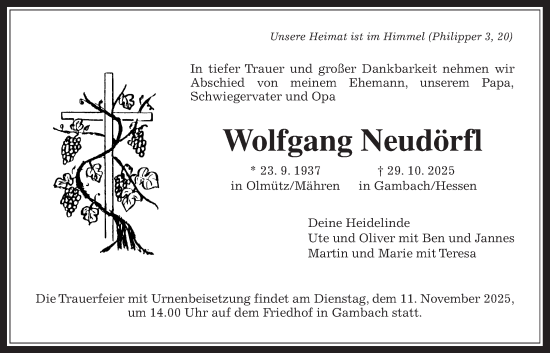 Traueranzeige von Wolfgang Neudörfl von Butzbacher Zeitung